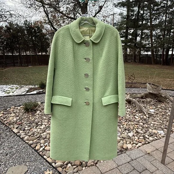 Vintage 50's-60's Coat Size L/XL Mint Green Bouclé Single Breasted Notched Colla - Picture 6 of 16